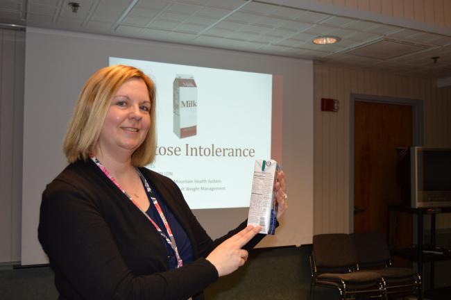 KAREN CIMMS/TIMES NEWS Denise Frey, clinical dietitian at Blue Mountain Health System, recently gave a presentation on lactose intolerance. She recommends sufferers take time to read the food labels to make sure they aren't accidentally eating…