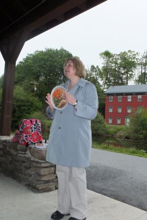 Stacey Solt/Special to the Times News Denise Frey, a registered dietitian with Blue Mountain Health  System, shows a portion-control plate to members of the  Faith-Paced Walkers Club. The plate is 7 inches wide and features pictures demonstrating…