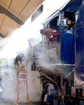 The 425 steam engine locomotive warms up in Jim Thorpe Saturday morning before the passengers arrive. KELLEY ANDRADE/TIMES NEWS