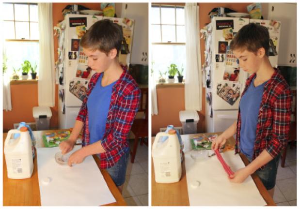 In this June 21, 2017 combination photo, Astrid Rubens makes homemade slime in her kitchen in St. Paul, Minn. Glue, baking soda and contact lens solution are all it takes to make satisfyingly stretchy slime. (AP Photos/Jeff Baenen)