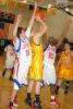 Ron Gower/TIMES NEWS Jim Thorpe's Sam Lux, left, and Rashid Epps prevent Mahanoy Area's Francis Sengline from making a shot during Panther Valley Tip-Off Tournament championship game, Saturday. The Olympians wond the contest, 49-36.