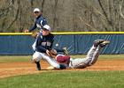 STEVE SHINKO/SPECIAL TO THE TIMES NEWS Tamaqua's Derek Linkhorst juggles the ball as Lehighton's Tyler Hill steals second base during Saturday's game at Tamaqua. The Raiders' Adam Smarr (12) backs up the play.