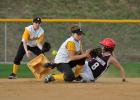 Steve Shinko/Special to the TIMES NEWS Panther Valley shortstop Karoline Vavra tries to block Lehighton's Echo Bretz from stealing second base during Monday's game at Panther Valley.