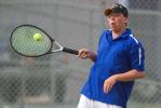 BOB FORD/TIMES NEWS Devon Frey of Palmerton returns a serve to Saucon Valley's Levi Wieand during their singles match at Palmerton on Tuesday.