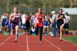 bob ford/times news Lehighton's Abby Frey (left), Jim Thorpe's Amelia Herman (center) and Panther Valley's Krista Mantz sprint to the finish line in the 100 meter dash.