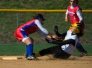 BOB FORD/TIMES NEWS Jim Thorpe's Amber Fiducia applies the tag to Panther Valley's Kristyn Gates at second base. Gates was called safe on the play.