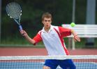 Bob Ford/times news Jim Thorpe's Oliver Schulz prepares to return the ball at the net during Tuesday's match with Saucon Valley. Schulz teamed with Josh Mohn at the No. 1 doubles position.