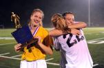 NANCY SCHOLZ/Special to THE TIMES NEWS Seniors Chelsea Ritter. Seneca Tucker and Emily Iobst celebrate after winning the Colonial League Girls Soccer Championship over Bangor by a 1-0 score.