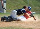 bob ford/times news Tamaqua catcher Tyler Milot dives to catch the ball as Brandon Sedesse of Valley West slides home safely with his team's first run.