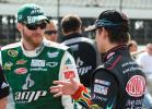 BOB FORD/TIMES NEWS Jeff Gordon (right) talks to Dale Earnhardt Jr. prior to a practice run this weekend at Pocono International Raceway. Gordon sits in second place in the points standings, while Earnhardt finds himself 129 points behind the 12th…