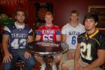 JOE PLASKO.TIMES NEWS Among THE TIMES NEWS area players participating in the Schuylkill County Football Coaches Association Media Day at Maroon's in Pottsville were, from left, Grif Griffiths, Tamaqua; Tyler Mangold, Jim Thorpe; Dominick Richards,…