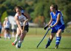 bob ford/times news Sarah Keer of Lehighton pushes the ball up the field as Pleasant Valley's Allison Heckman defends. The Indians won the game, 1-0.