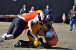 RON GOWER/TIMES NEWS Panther Valley Breaker Boys quarterback Nate Shook (7) is brought down by a pair of Schuylkill County Wolfpack defenders.