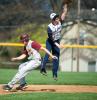 BOB FORD/TIMES NEWS Northern Lehigh's Jake Kern jumps high for a late throw as Lehighton's Alex Storm pulls in safely. The Indians wound up beating the Bulldogs 14-4 in the non-league contest.