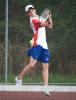 Bob Ford/TIMES NEWS Jim Thorpe's Corey Ligenza returns a shot during Tuesday's tennis match against Lehighton. Ligenza won his match to help the Olympians post a win.