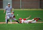 bob ford/times news Tamaqua shortstop Derek Linkhorst awaits the throw as Jim Thorpe's Christian Gavornick slides safely into second base. Backing up the play is the Blue Raiders' Matt DelBorrello (11)