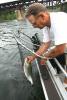 Mark Demko/SPECIAL TO THE TIMES NEWS George Magaro of Allentown prepares to release a shad brought to his boat during a late-season fishing excursion on the Delaware River last year.