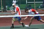 Jim Thorpe  doubles players Tom Smyth (left) and Kyle Lawrence both try get to the ball during their District 11 Class AA Tournament match against Salisbury.