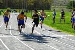ron gower/times news Panther Valley's Josh Vega (second from right) gets to the finish line just ahead of Marian's Dylan Quirk (left) in the 100 meter dash. The Colts' Bob Kelly is on the right. No results of the meet were received by the TIMES NEWS.
