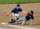Jim Thorpe Bruins Shane Snisky tags out Brian Ohl of the Jim Thorpe Royals during Monday's Carbon Junior Babe Ruth Championship game. The Bruins won, 14-5. BOB FORD /TIMES NEWS