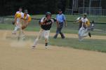 RON GOWER/TIMES NEWS Franklin Township's Dane Ciavarella finds himself trapped between second and third base in fifth inning action on Saturday. With his path blocked by several Bushkill defenders, Ciaverella raced around their perimeter and thought…