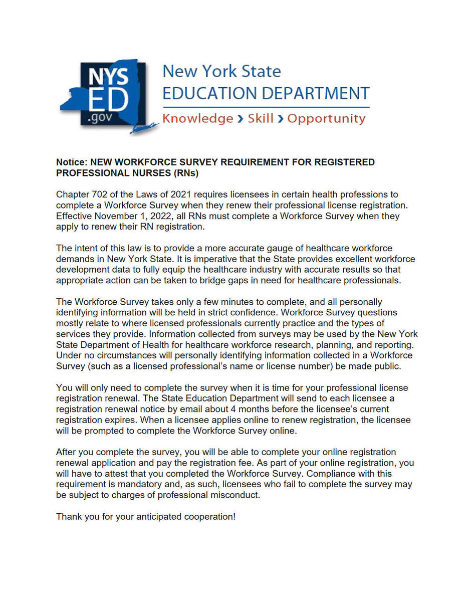 New York RN Workforce Survey New York Organization for Nursing