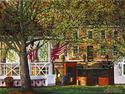 Lori MacDonald - Cityscape Painting MacDonald, Lori, Landscape, Acrylic, Fitchburg, Massachusetts, Boulder Cafe, Main Street,Americana, Flags, Bandstand, Springtime, Spring, May, Holiday, Patriotic, City, Light, Green, Buildings, pub, breeze, morning - Cityscape Painting