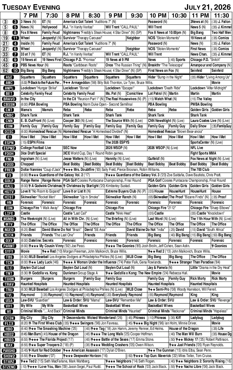 Tuesday evening TV listings for July 21 Tuesday evening TV listings for July 21