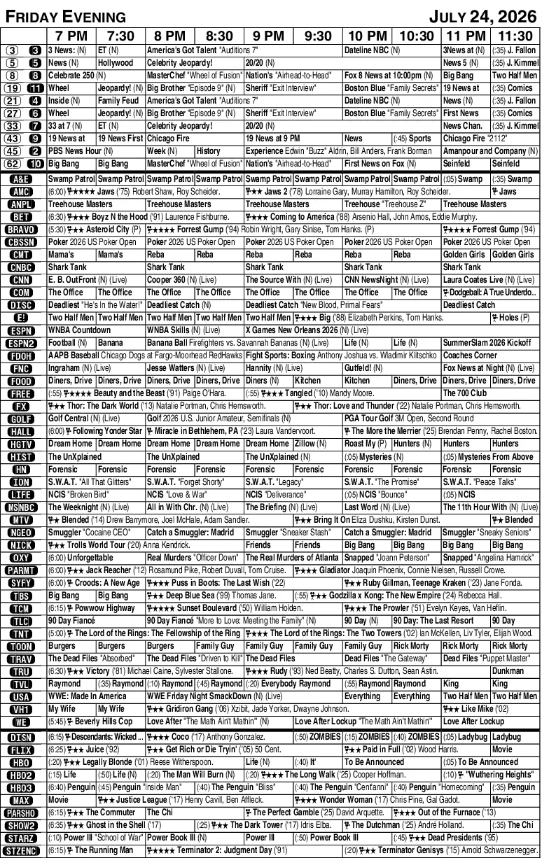 Friday evening TV listings for July 24