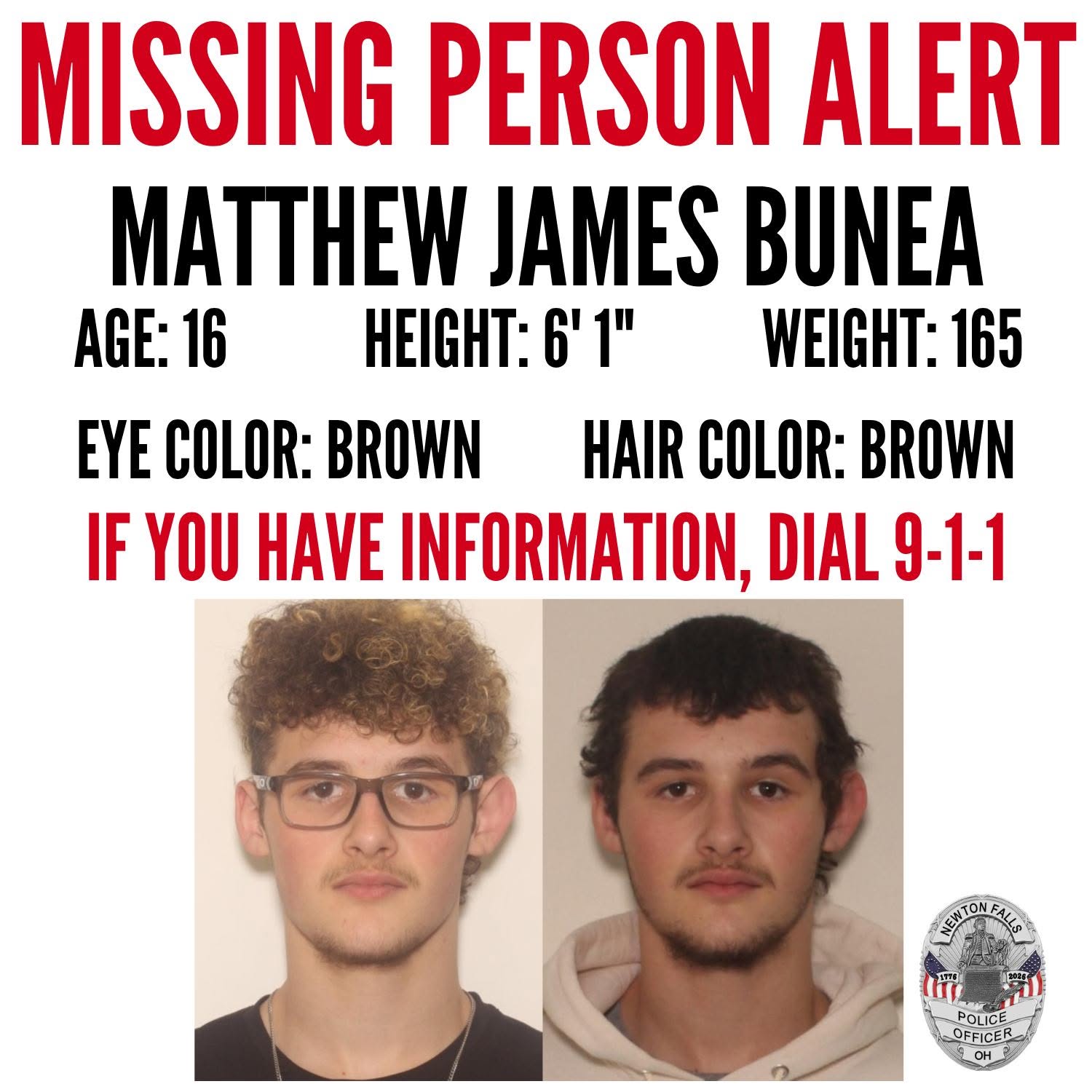 Newton Falls Police issue missing-person alert for boy, 16 Newton Falls Police issue missing-person alert for boy, 16