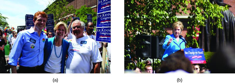 Photo A shows Joseph P. Kennedy, Elizabeth Warren, and Barney Frank. Image B shows Hillary Clinton at a podium.