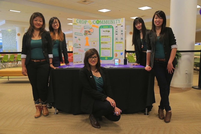Girls from the University of Calgary display their app, Crop2Community.