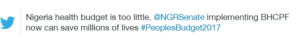 Nigeria health budget is too little. @NGRSenate implementing BHCPF now can save millions of lives #PeoplesBudget2017