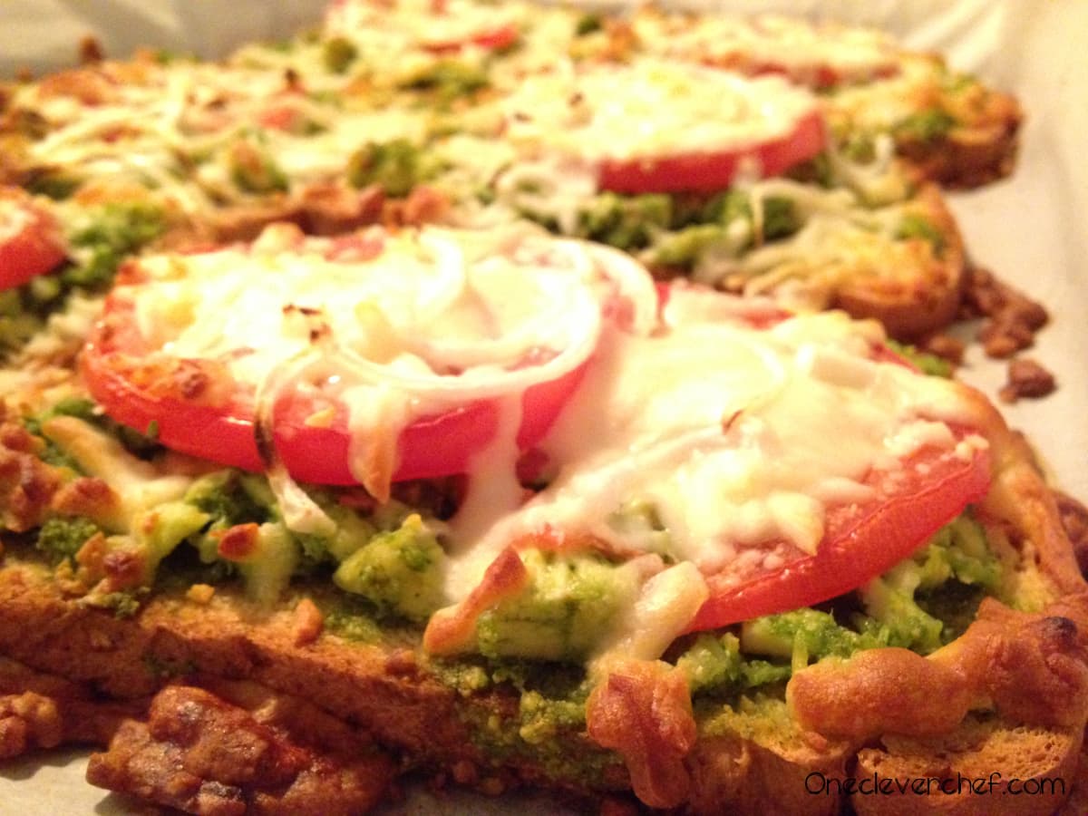 Open Face Melted Mozzarella Sandwich With Spinach Pesto Chicken One Clever Chef