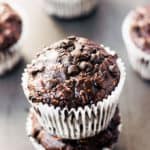 These delicious chocolate protein muffins are the perfect way to reward yourself after a hard workout. Super moist and cakey, these healthy chocolate protein snacks are naturally sweetened with banana and maple syrup. Gluten-free, vegan, dairy-free, egg-free, flourless, kid-friendly and refined sugar-free. | www.onecleverchef.com