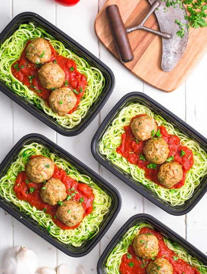 Whole30 turkey meatballs on zucchini noodles and marinara sauce.