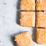 Caramel oatmeal protein bars on a white background