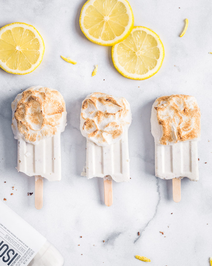 3 Lemon meringue protein popsicles with lemon slices