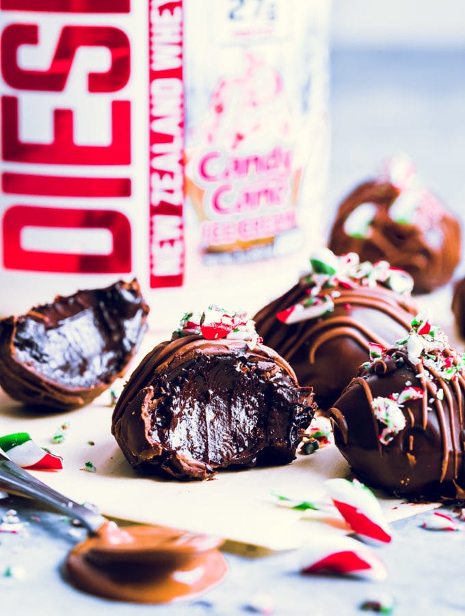 Candy Cane Protein Truffles on parchment paper