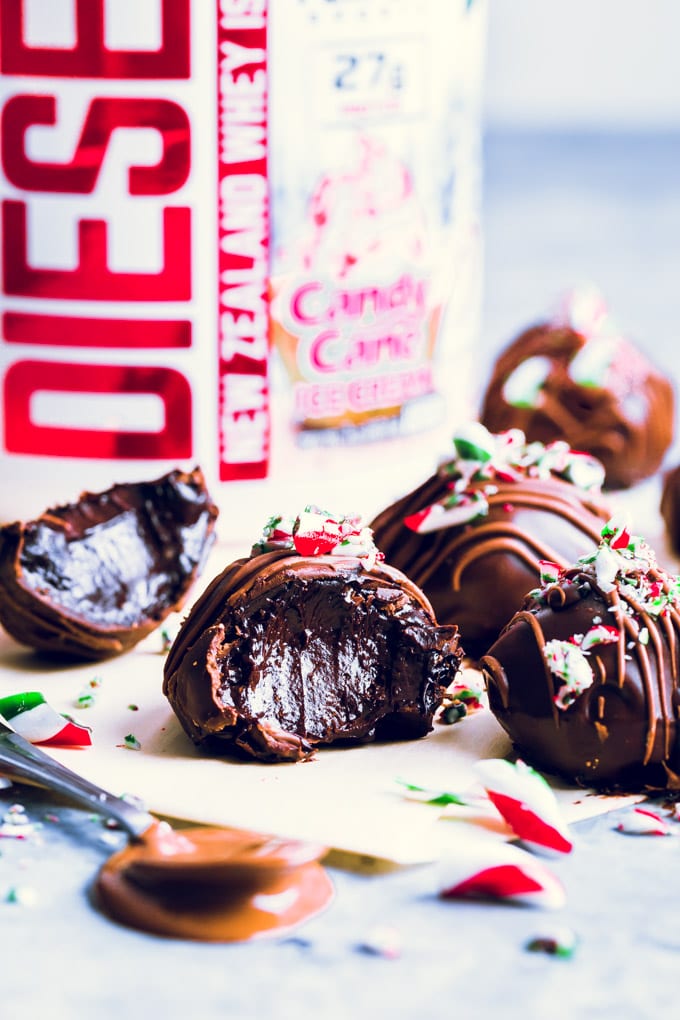 Candy Cane Protein Truffles on parchment paper