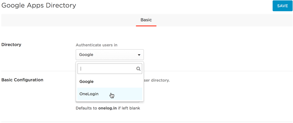 Image of the Directory and Basic Configuration fields of the Google Apps Directory screen