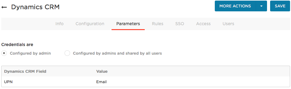 Dynamics CRM Parameters tab