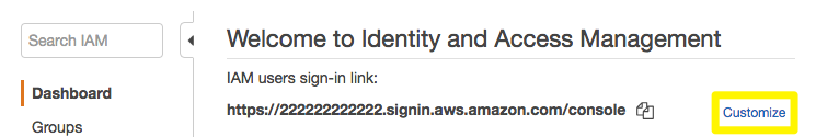 AWS IAM Console - Customize Sign-in Link