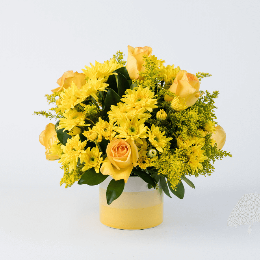 Arreglo de 12 rosas amarillas con Margaritas en cerámica