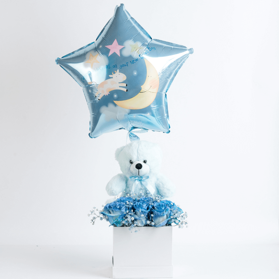 Arreglo de 9 rosas celestes en caja blanca + Peluche + Globo Nacimiento