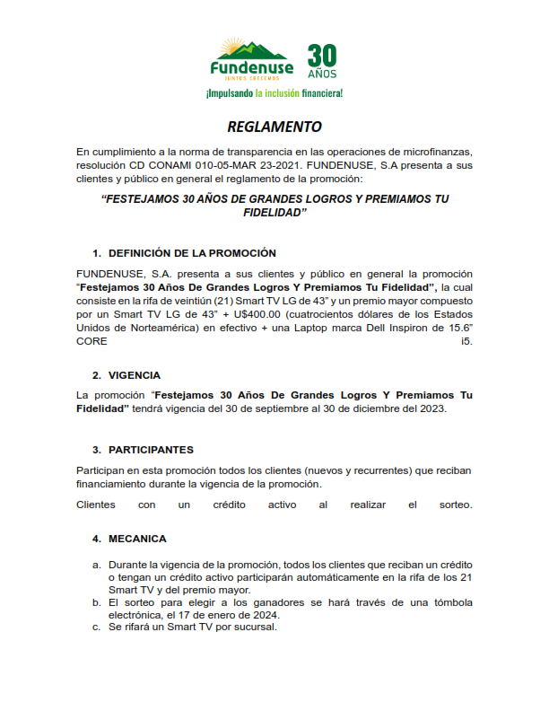 Reglamento de la promoción Festejamos 30 años de grandes logros y premiamos tu fidelidad