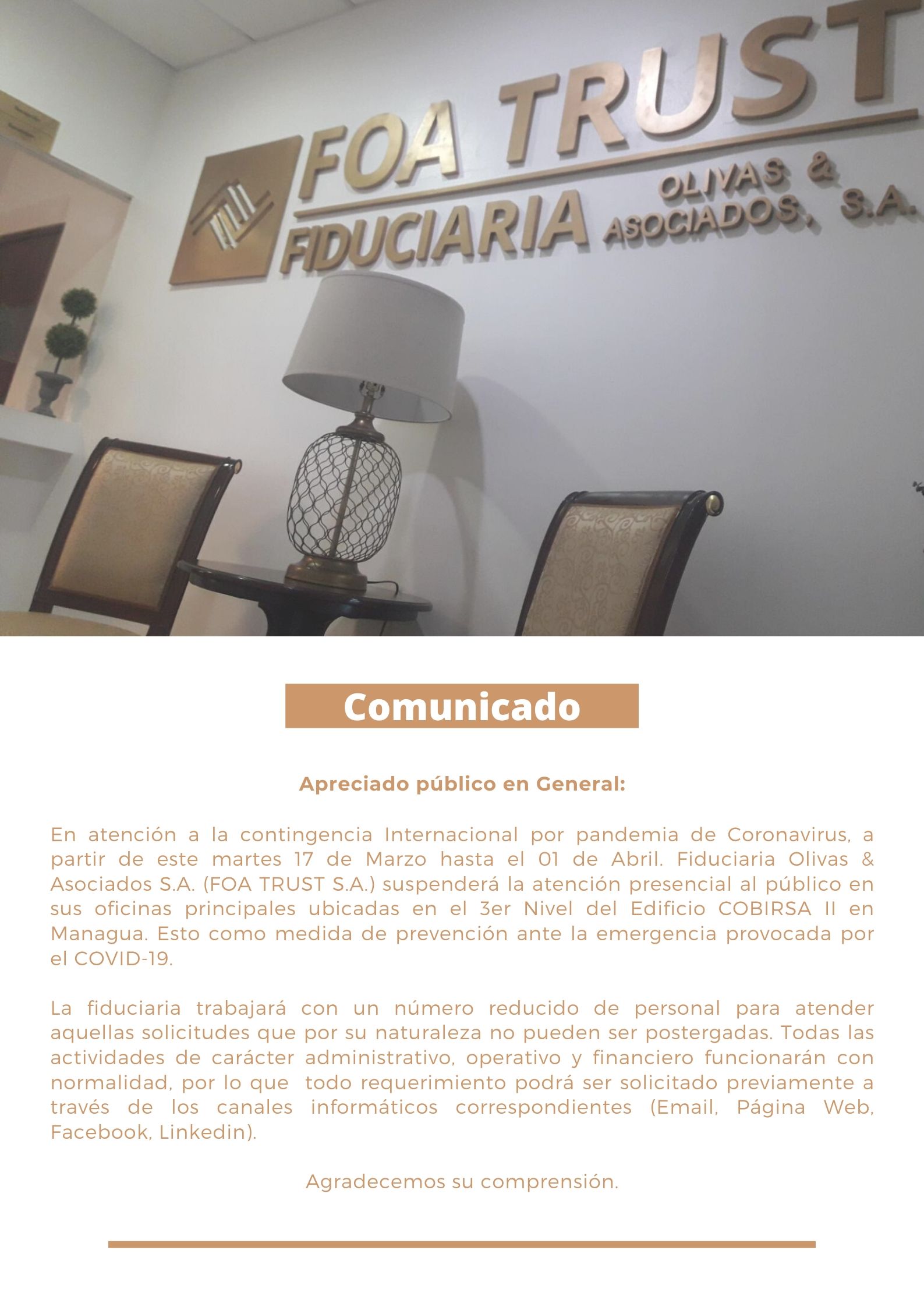 Comunicado Publico General - FOA TRUST (Coronavirus)