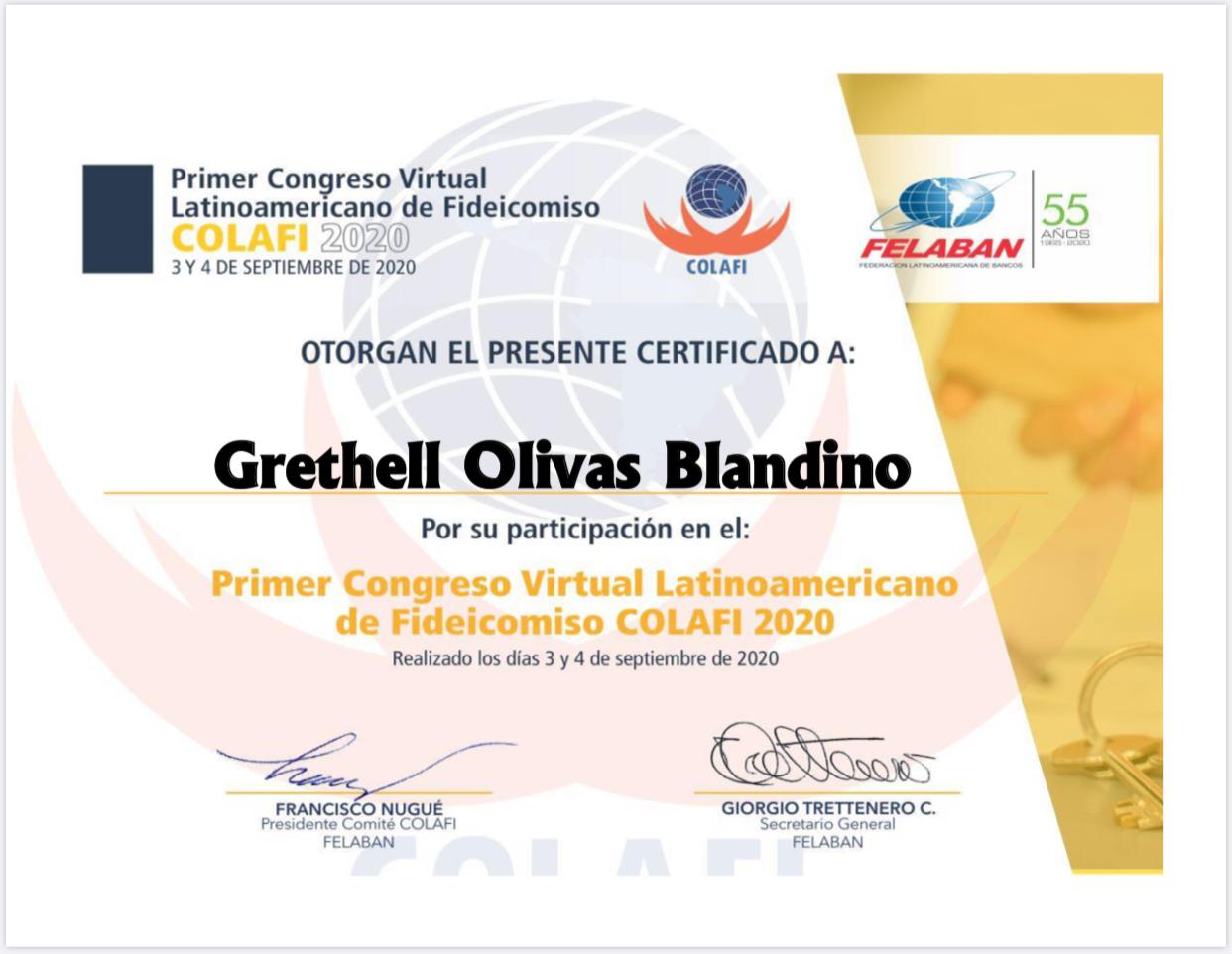 CERTIFICADO PARTICIPACIÓN 1ER CONGRESO VIRTUAL LATINOAMERICANO DE FIDEICOMISO COLAFI 2020
