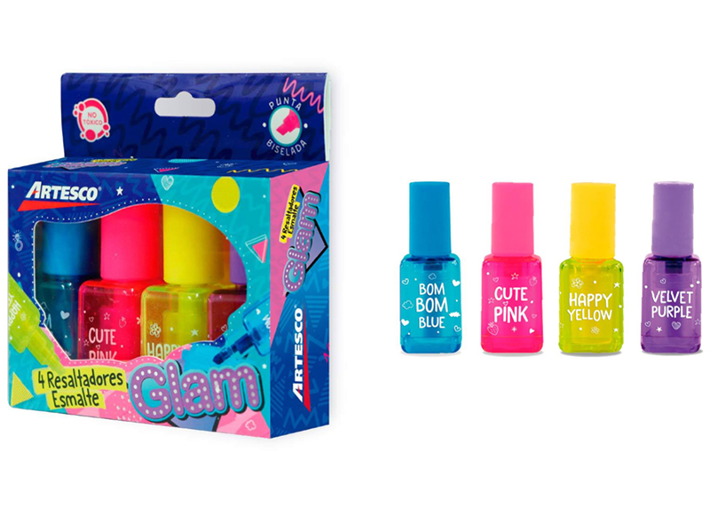 MARCADOR FLUORESCENTE NEON ESMALTE GLAM X 4