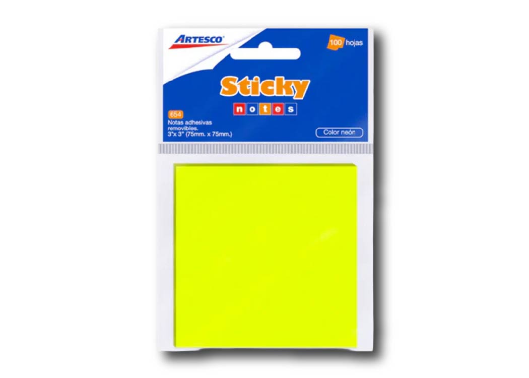 BLOCK DE NOTAS ADHESIVAS NEON 654 3"X3" 100H AMARILLO